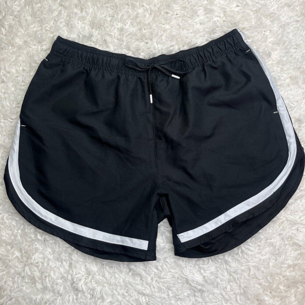 BCG Women Sz L  Athletic Shorts Knit Black White High Rise Pockets 4.5" Inseam